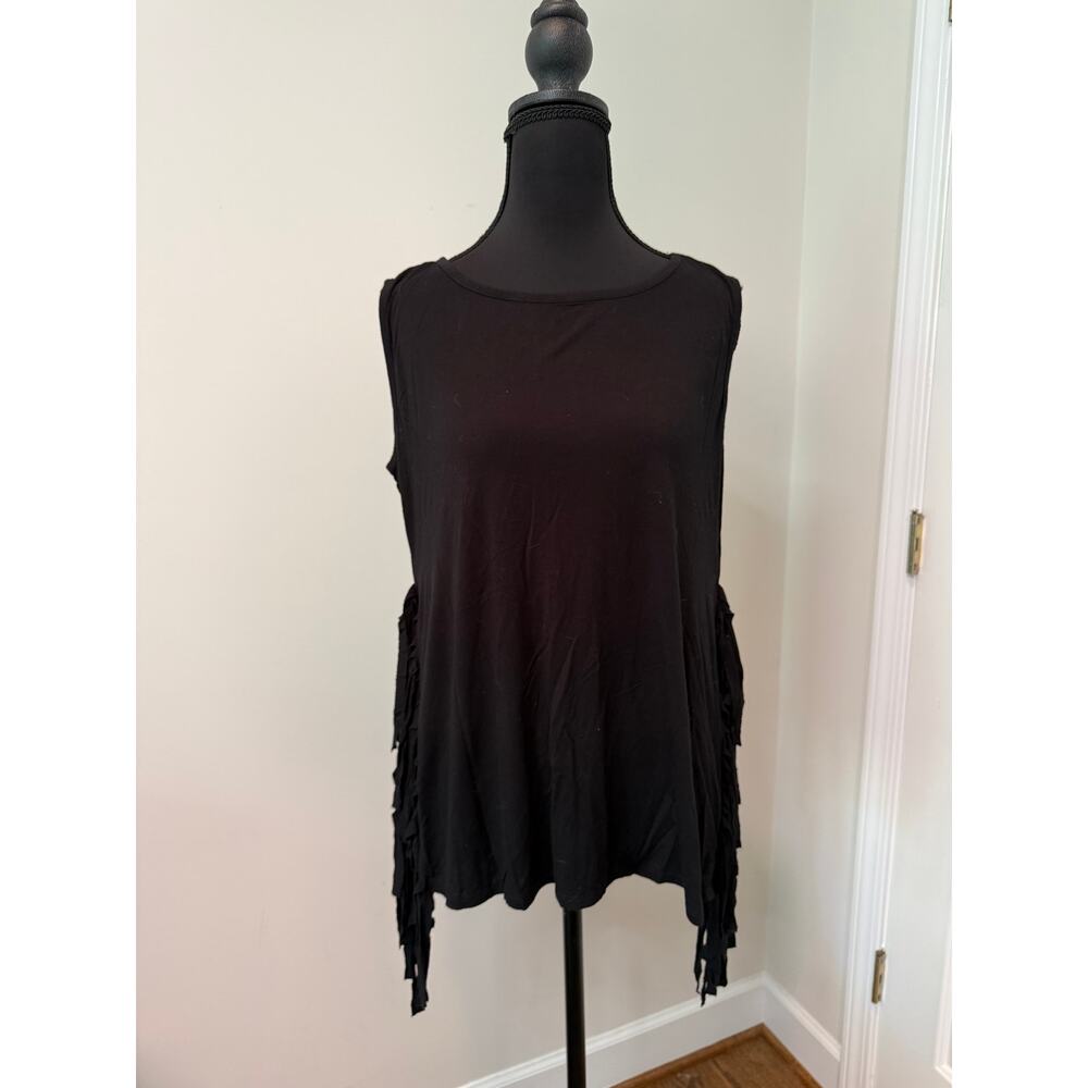 One A Black Sleeveless Top with Side Fringe Accents
